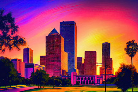 Houston Texas modern skyline at sunset twilight on park.Generative AIの素材