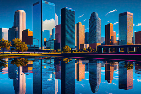 Houston Skyline with Color Buildings, Blue Sky and Reflections.Generative AIの素材