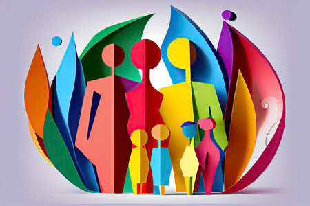 Happy family icon multicolored in simple figures. Three children, dad and mom stand together.Generative AIの素材