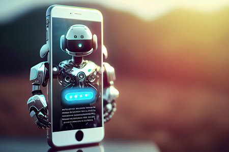 Artificial intelligence ai chat bot idea hands holding a phone against a blurred abstract background chatbot providing website support.Generative AIの素材