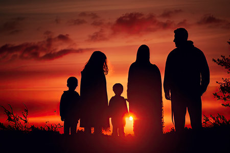 family silhouette at sunset.Generative AIの素材