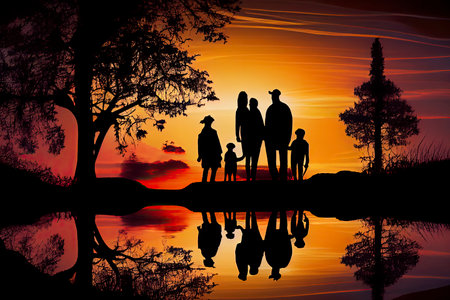 family silhouette at sunset.Generative AIの素材