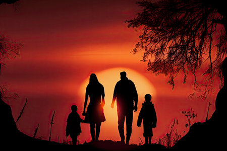 family silhouette at sunset.Generative AIの素材