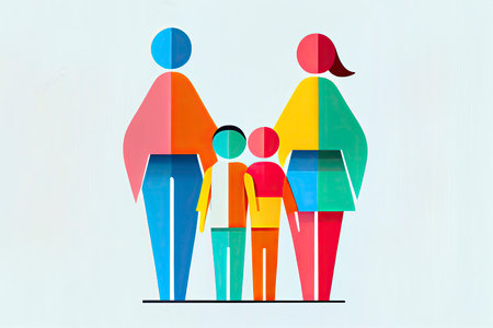Happy family icon multicolored in simple figures. Three children, dad and mom stand together.Generative AIの素材