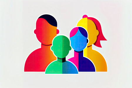 Happy family icon multicolored in simple figures. Three children, dad and mom stand together.Generative AIの素材