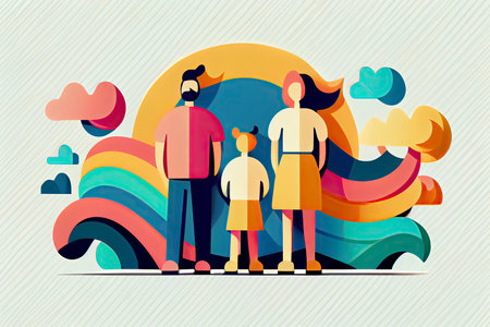 Happy family icon multicolored in simple figures. Three children, dad and mom stand together.Generative AIの素材