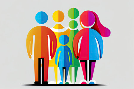 Happy family icon multicolored in simple figures. Three children, dad and mom stand together.Generative AIの素材