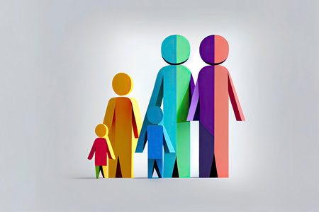Happy family icon multicolored in simple figures. Three children, dad and mom stand together.Generative AIの素材