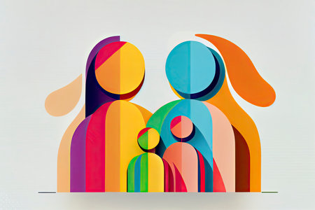 Happy family icon multicolored in simple figures. Three children, dad and mom stand together.Generative AIの素材