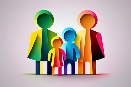Happy family icon multicolored in simple figures. Three children, dad and mom stand together.Generative AIの素材