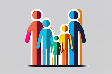 Happy family icon multicolored in simple figures. Three children, dad and mom stand together.Generative AIの素材
