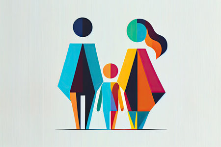 Happy family icon multicolored in simple figures. Three children, dad and mom stand together.Generative AIの素材