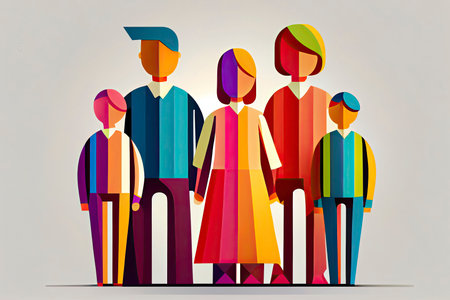 Happy family icon multicolored in simple figures. Three children, dad and mom stand together.Generative AIの素材