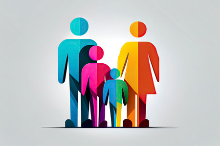 Happy family icon multicolored in simple figures. Three children, dad and mom stand together.Generative AIの素材