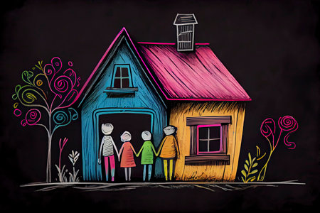 Kids drawing Happy family Mother, father, sister, brother Happy mom and dad with son and daughter Family house Children illustration with happy couple, kids, parents, house Home for my family Chalk.Generative AIの素材