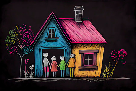 Kids drawing Happy family Mother, father, sister, brother Happy mom and dad with son and daughter Family house Children illustration with happy couple, kids, parents, house Home for my family Chalk.Generative AIの素材