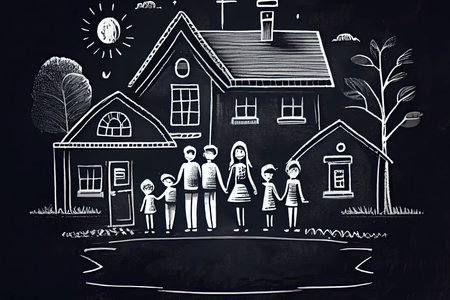 Kids drawing Happy family Mother, father, sister, brother Happy mom and dad with son and daughter Family house Children illustration with happy couple, kids, parents, house Home for my family Chalk.Generative AIの素材