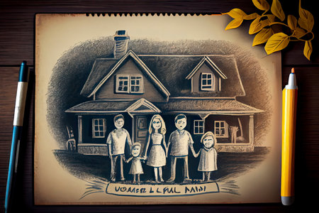 Kids drawing Happy family Mother, father, sister, brother Happy mom and dad with son and daughter Family house Children illustration with happy couple, kids, parents, house Home for my family Chalk.Generative AIの素材