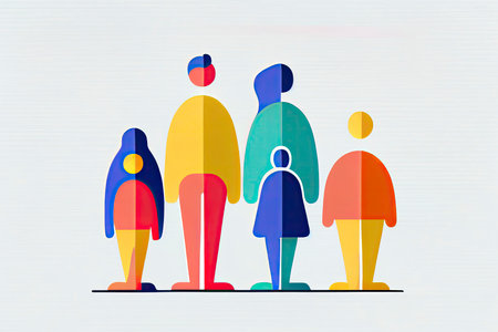 Happy family icon multicolored in simple figures. Three children, dad and mom stand together.Generative AIの素材