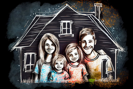 Kids drawing Happy family Mother, father, sister, brother Happy mom and dad with son and daughter Family house Children illustration with happy couple, kids, parents, house Home for my family Chalk.Generative AIの素材