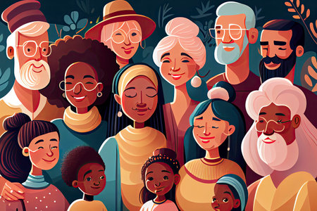 Happy group of diverse people, friends, family together.Generative AIの素材