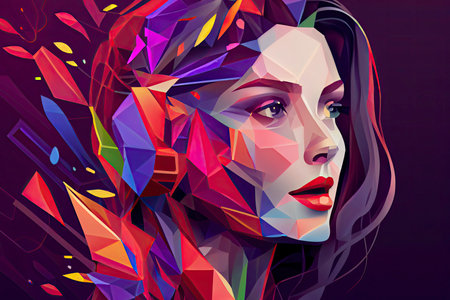 Virtual assistant voice recognition service technology. AI artificial intelligence robot support. Chatbot beautiful female face low poly vector illustration.Generative AIの素材