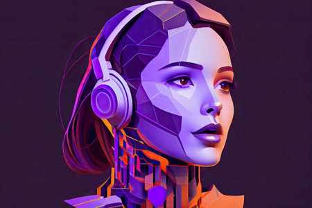 Virtual assistant voice recognition service technology. AI artificial intelligence robot support. Chatbot beautiful female face low poly vector illustration.Generative AIの素材