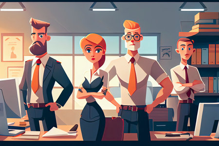 Working team of professionals stand in the interior of the office. 3d illustration. Cartoon characters.Generative AIの素材