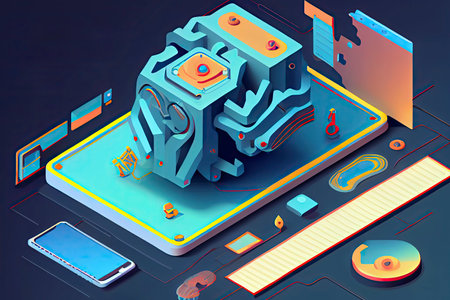 Flat isometric banner, ai of the future. Smartphone or geometric laptop mind.Generative AIの素材