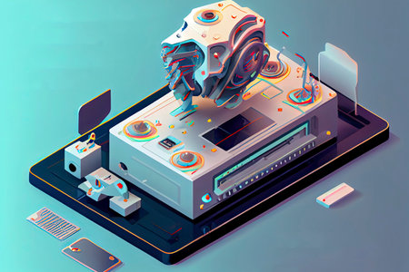 Flat isometric banner, ai of the future. Smartphone or geometric laptop mind.Generative AIの素材
