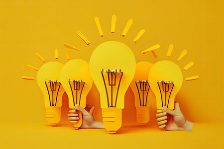 Hands of people holding light bulbs on yellow background. Great ideas competition.Generative AIの素材