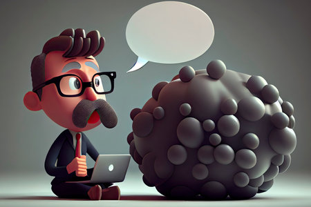 Handsome designer or programmer businessman with laptop and bubble talk. Cartoon character office worker. 3d illustration.Generative AIの素材
