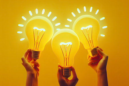 Hands of people holding light bulbs on yellow background. Great ideas competition.Generative AIの素材