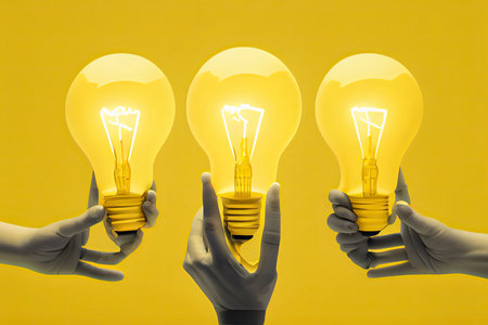 Hands of people holding light bulbs on yellow background. Great ideas competition.Generative AIの素材