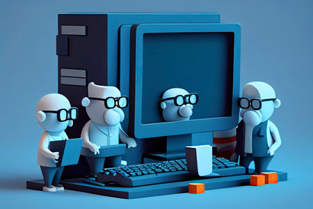 Business teamwork concept. 3d illustration. Cartoon characters. Modern office. A team of employees works on the computer. Blue Background.Generative AIの素材