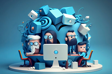 Business teamwork concept. 3d illustration. Cartoon characters. Modern office. A team of employees works on the computer. Blue Background.Generative AIの素材