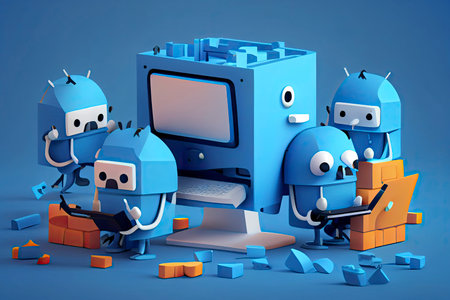 Business teamwork concept. 3d illustration. Cartoon characters. Modern office. A team of employees works on the computer. Blue Background.Generative AIの素材