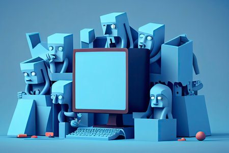 Business teamwork concept. 3d illustration. Cartoon characters. Modern office. A team of employees works on the computer. Blue Background.Generative AIの素材