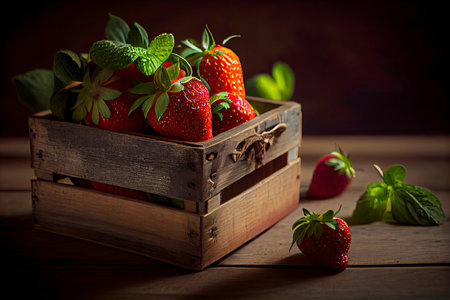 fruit. Fresh strawberries on old wooden background.Generative AIの素材