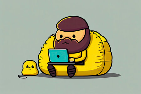 Beard cartoon character man seat on yellow bean bag use laptop at simple cozy interior with gray wall wooden floor. Work at home concept.Generative AIの素材