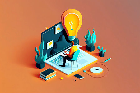 Young man working on the laptop computer and having a idea. Freelance job, creativity innovation and business idea concept. 3d vector people character illustration. Cartoon minimal style.Generative AIの素材