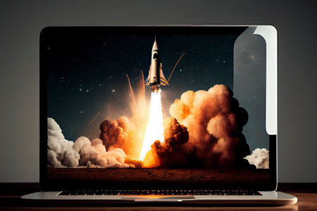 Launching space rocket from laptop screen.Generative AIの素材
