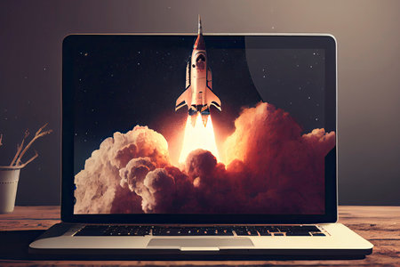 Launching space rocket from laptop screen.Generative AIの素材
