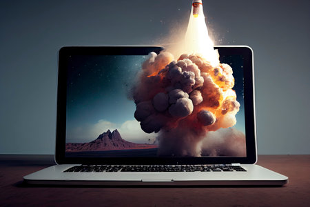 Launching space rocket from laptop screen.Generative AIの素材