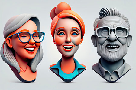 portraits of happy people on a white background. Cartoon characters woman and man.Generative AIの素材