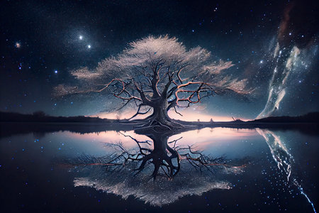 tree of life reminiscent of Yggdrasil reflected in an icy lake at night, dramatic starry sky,Milky Way, in the background.Generative AIの素材