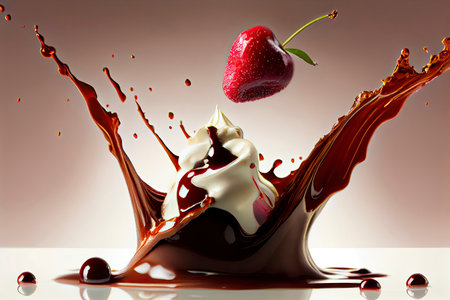 cherry falling into chocolate.Generative AIの素材
