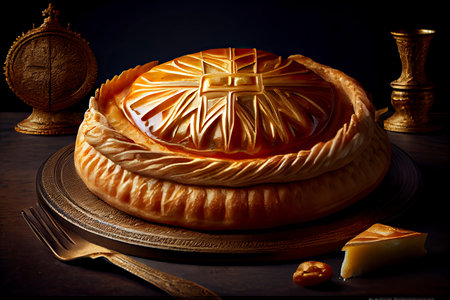 Epiphany cake and crown on wooden table.Generative AIの素材