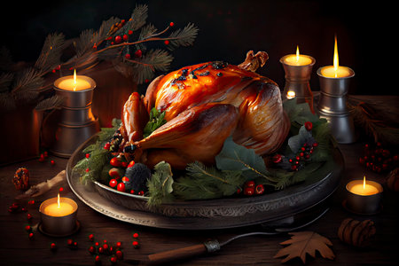 Christmas turkey dinner. Baked turkey garnished with red berries and sage leaves in front of Christmas tree and burning candles.Generative AIの素材
