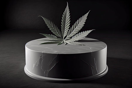 stone stand display showcase cylinder podium ground platform for displaying cannabis leaf or marijuana hash.Generative AIの素材
